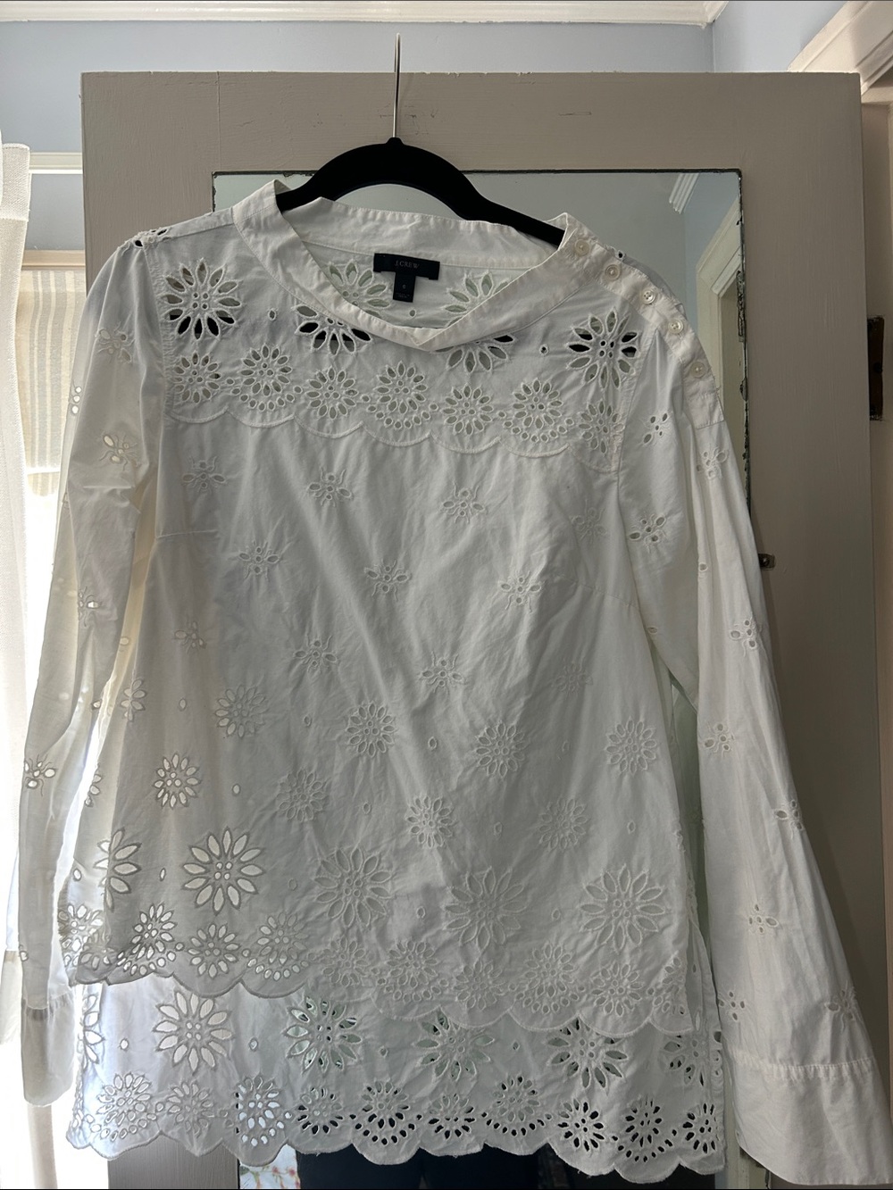 J. Crew White Eyelet Scalloped Hem Cotton Blouse